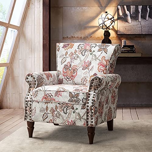 Blue Floral Pattern Upholstered Accent Chair with Wood Legs O211