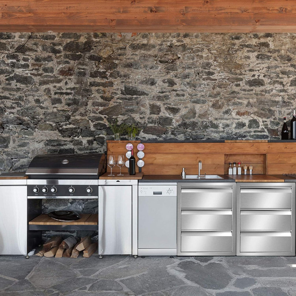Stainless Steel Double Access BBQ Drawers Box Frame Style Flush Mount Outdoor Kitchen Storage Double Drawers R527141