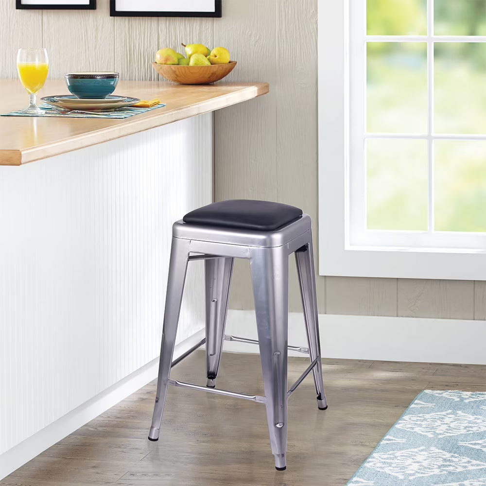 24 Inch Counter Height Backless Metal Stool with Vegan Leather Seat E33884