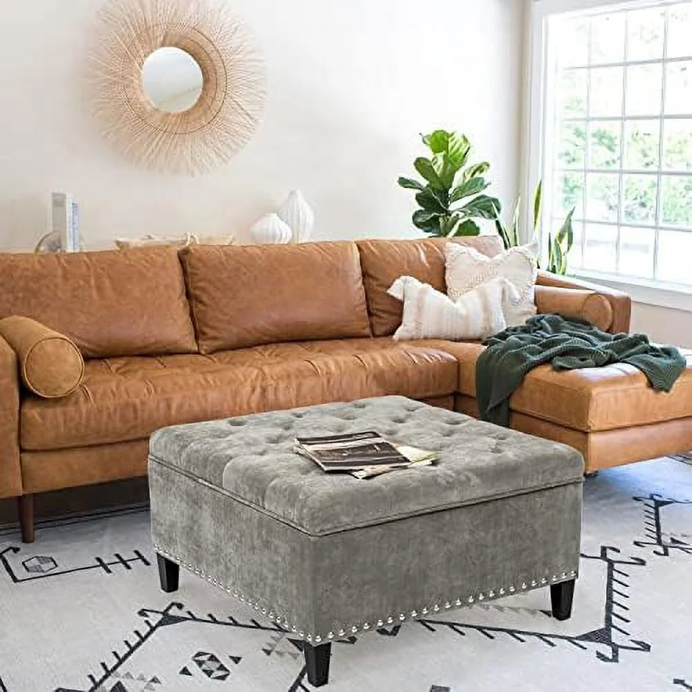 Square Upholstered Tufted Ottoman with Nailhead Trim C196