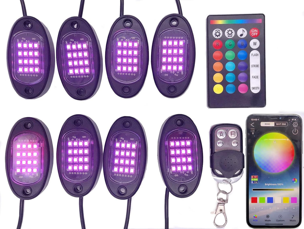 8 Pods RGB LED Rock Lights Multicolor Underglow Lighting Kit Waterproof Pack of 2 Q616